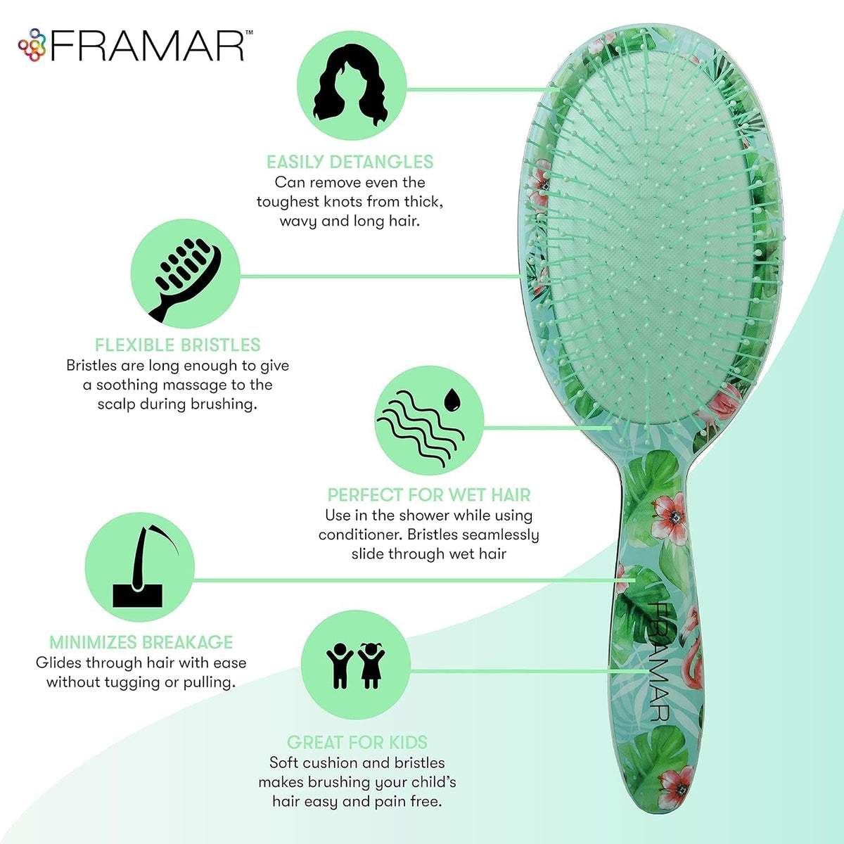 Green Hair Brush Detangler, Detangling Hairbrush for Women, Wet Hair Brush for Girls, Hair Detangler Brush, Wet Hairbrush, Hairbrushes, Girls Hairbrush Detangler, Reduces Frizz - Floral