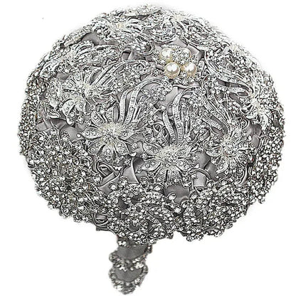 18CM Luxurious Shiny Full Diamonds Brooch Bouquet Silver Rhinestone Bridal Bouquet Ribbon Satin Rose Wedding Bride Holding Flowers