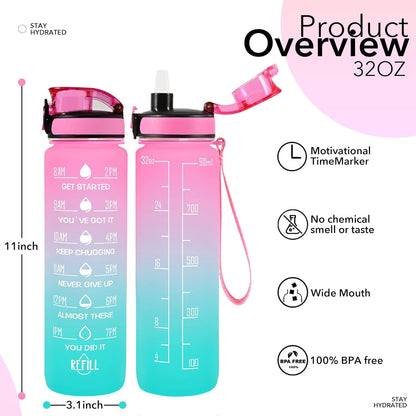 32 Oz Water Bottles with Straw & Strap, Motivational Water Bottles with Times to Drink, BPA Free Reusable Sports Water Bottle with Sleeve Carrier for Hiking, Travel, Running or Fitness
