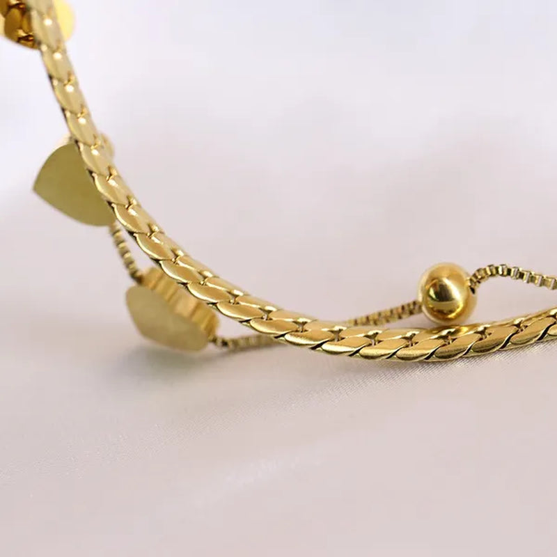 Women's Chain Bracelets 18K Gold Plated Stainless Steel Classic Heart Double Layer Tennis Bracelet Adjustable Bangle for Women