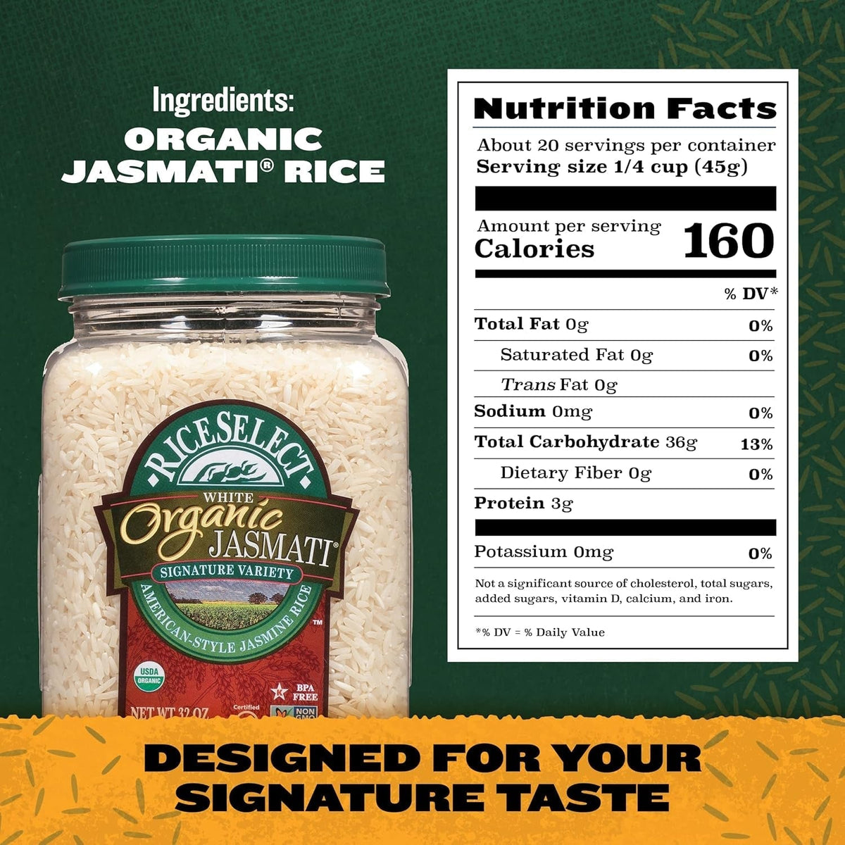 Jasmati Organic Rice, Long-Grain Organic Jasmine Rice, Premium Gluten-Free Rice, Non-Gmo, 32-Ounce Jar