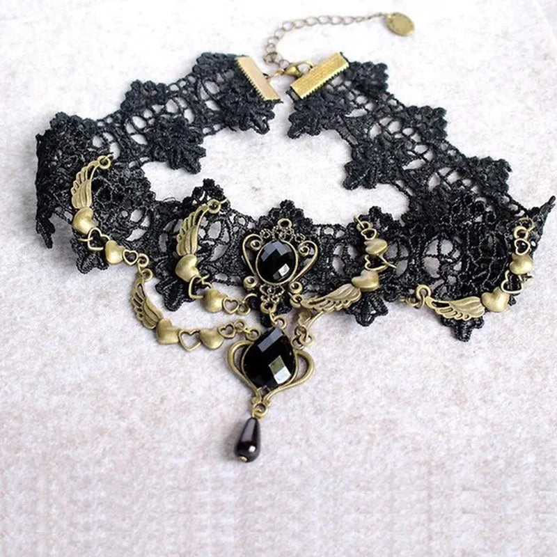 1 PCS Black Lace Necklace Chokers Vintage Style Female Gothic Wedding Red Rose Crystal Diamond Pendant Collarbone Necklace Chain Accessories for Women Girls(10 Style)