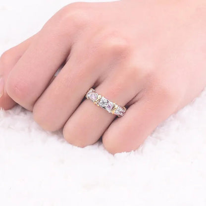 Brand Jewelry Lady's 925 Sterling Silver pink Tanzanite Couple rings Yellow Gold Cross Eternal Wedding Ring for Women