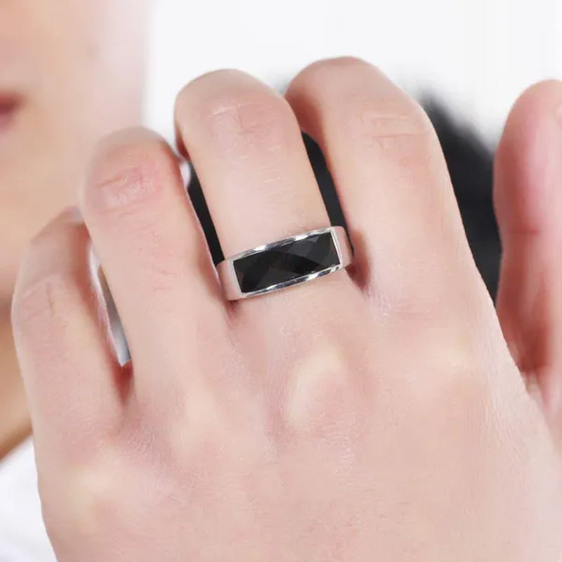 Vintage Men's Agate Ring Stainless Steel Sky Blue Black White Gemstone Irregular Ring Jewelry Gift for Men Women Boyfriend Girlfriend