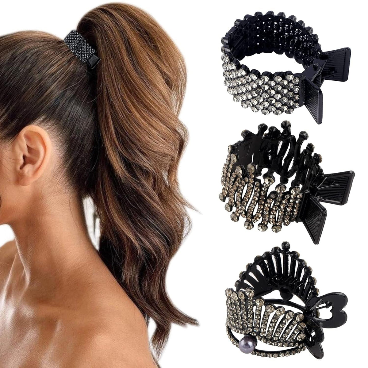 1.77Inch Small Hair Claw Clips for High Ponytail, Rhinestone Shark Hair Clips for Women Thick Long Hair (Black,Pack of 3)