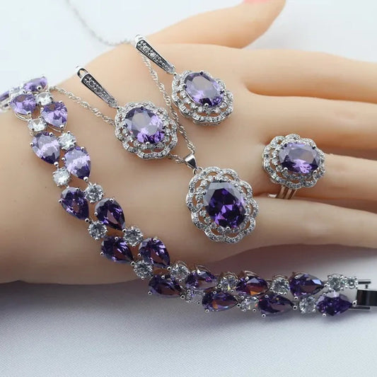 Purple Amethyst Pendant Rings Earrings Bracelet For Women