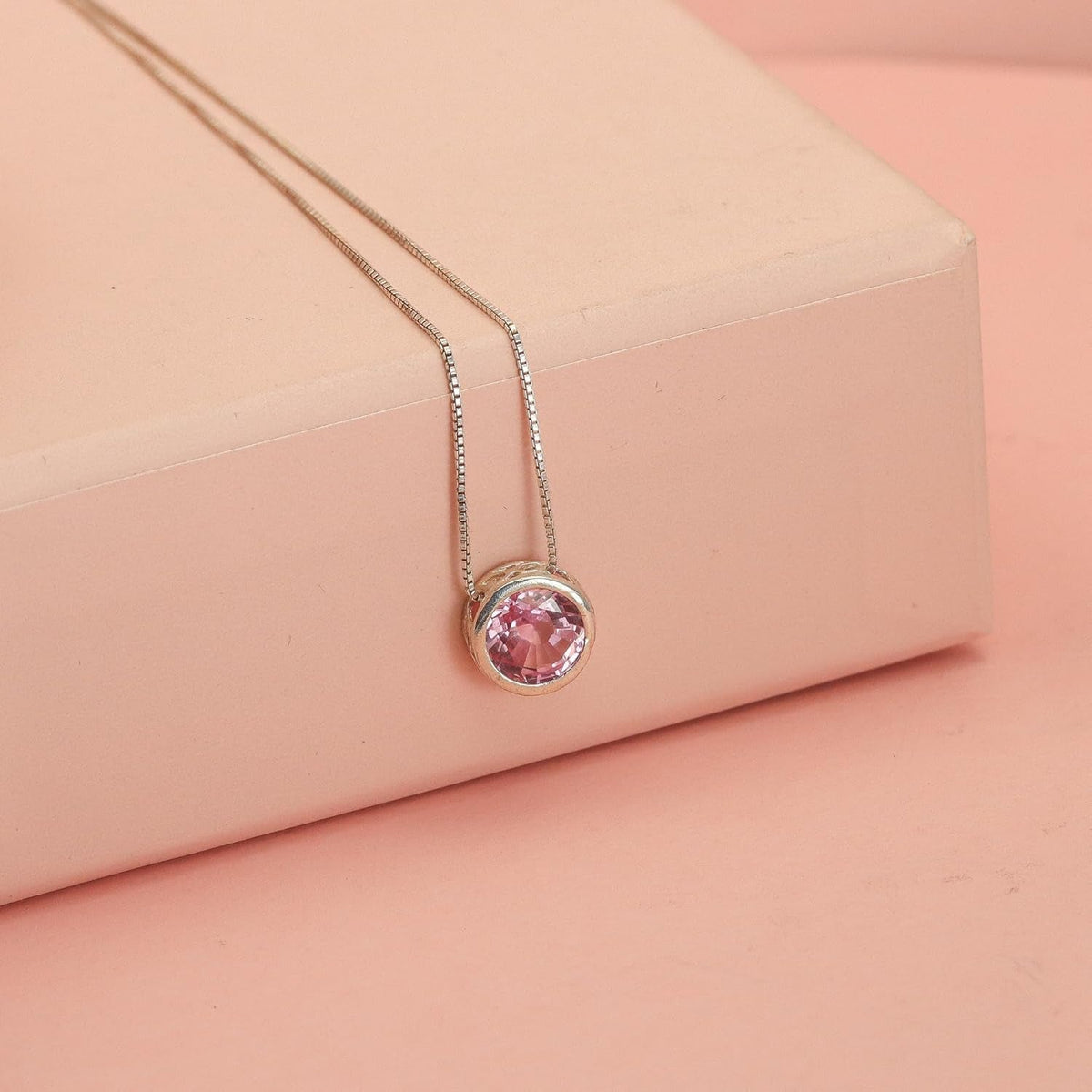 Silver Pink Sapphire Necklace, Slider Solitaire Gemstone Pendant with 16" Box Chain; Pink Sapphire Birthstone Pendant Gemstone for Women by Lotus Stone Design (16, Pink Sapphire)