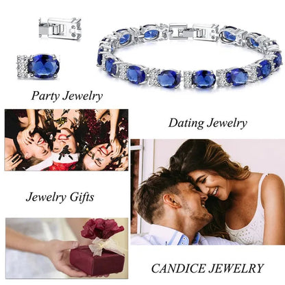 CANDICE Top Grade Blue Oval Women Silver Plated Jewelry Pave White Cubic Zirconia Noble Tennis Bracelet Bangles with Extended Clasp
