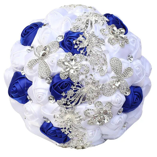21CM Silver Rhinestone Bridal Hand Flowers Ribbon Wedding Hand Bouquet Mixed Color Silk Rose Diamond Brooch Bridesmaid Bouquet Wedding Supplies