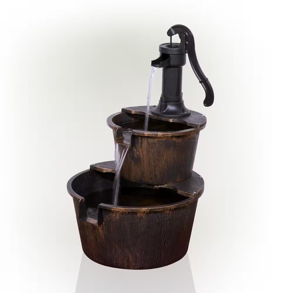 27 In. Tall 2-Tier Barrel and Pump Waterfall Fountain, Bronze Finish