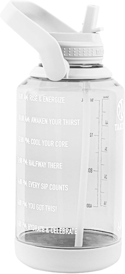 64 Oz Motivational Water Bottle with Straw Lid with Time Marker, Half Gallon, Premium Quality BPA Free Tritan Plastic, Cloud White