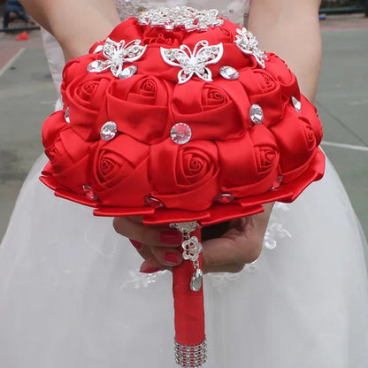 18CM Stunning Red Butterfly Diamond Flowers Brooch Stitch Wedding Bouquet Mariage Polyester Bride Holding Flowers Ribbon Bridesmaid Bouquet
