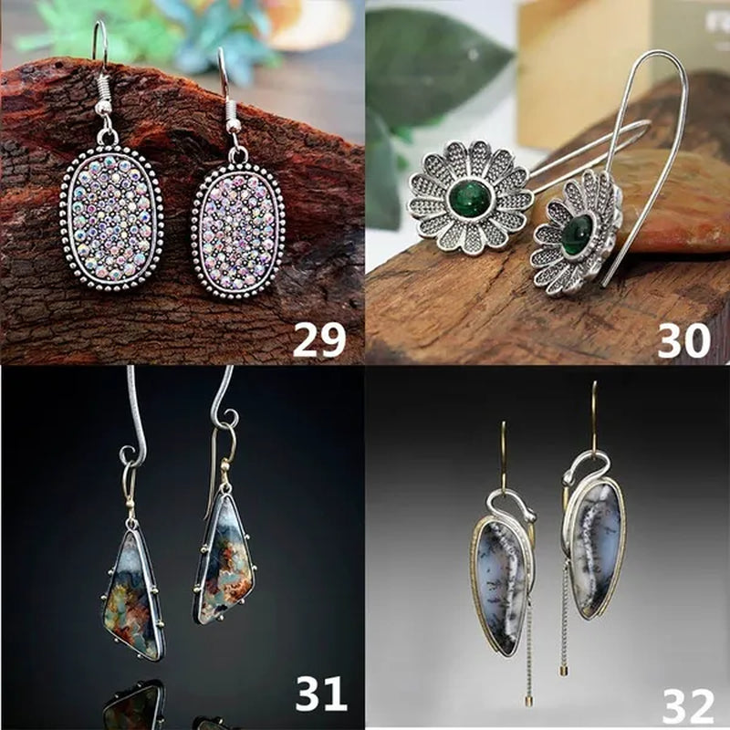 1 pair Antique 925 Sterling Silver Pendant Earrings Natural Gemstone Inlay Dangle Earrings Bridal Engagement Wedding Anniversary Gift  Bohemian Style Earrings