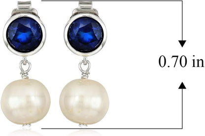 925 Sterling Silver Bezel-Set Gemstone Birthstone and 8Mm White Freshwater Cultured Pearl Post Drop Earrings