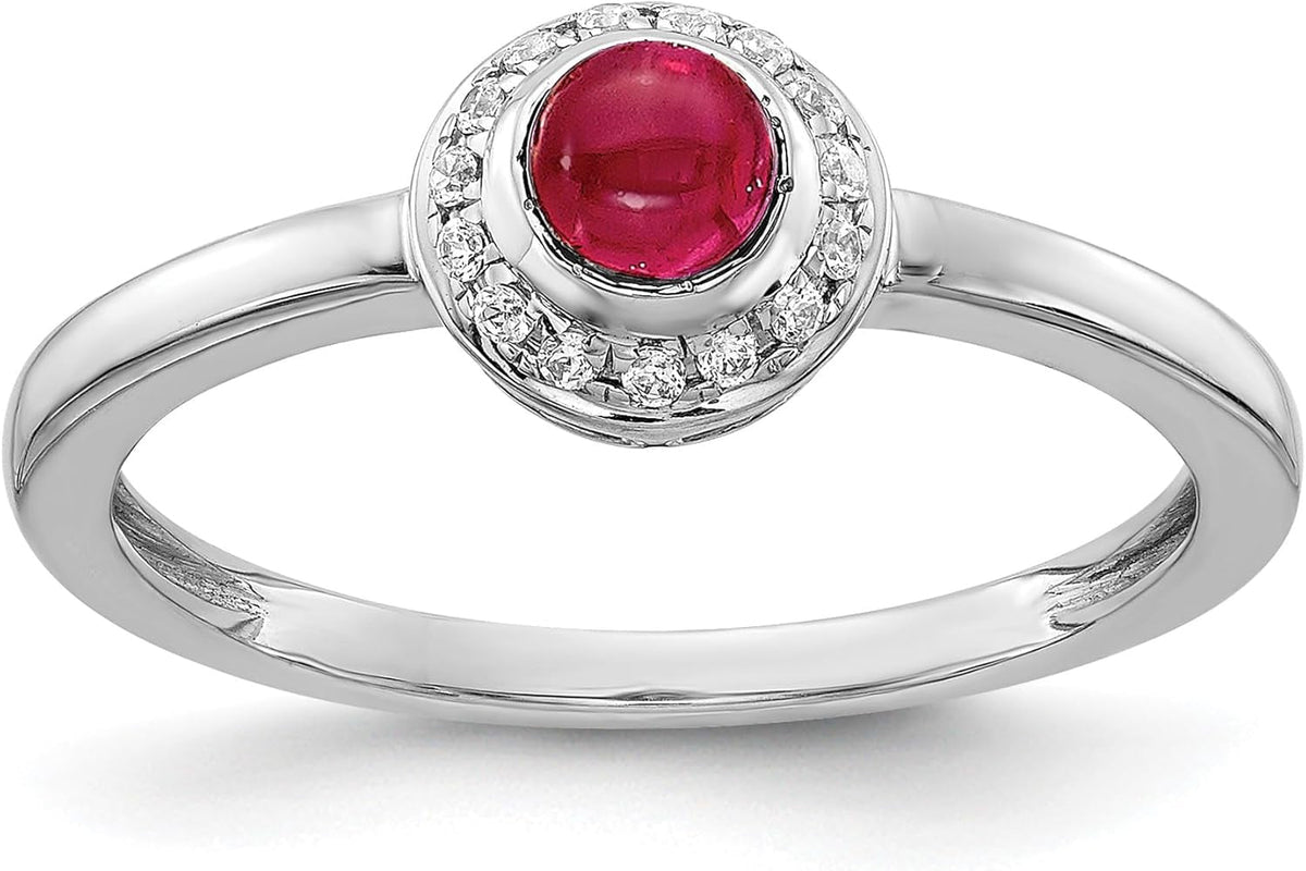 14K White Gold Diamond Cabochon Ruby Ring Birthstone July Gemstone Fine Jewelry for Women Gifts for Her