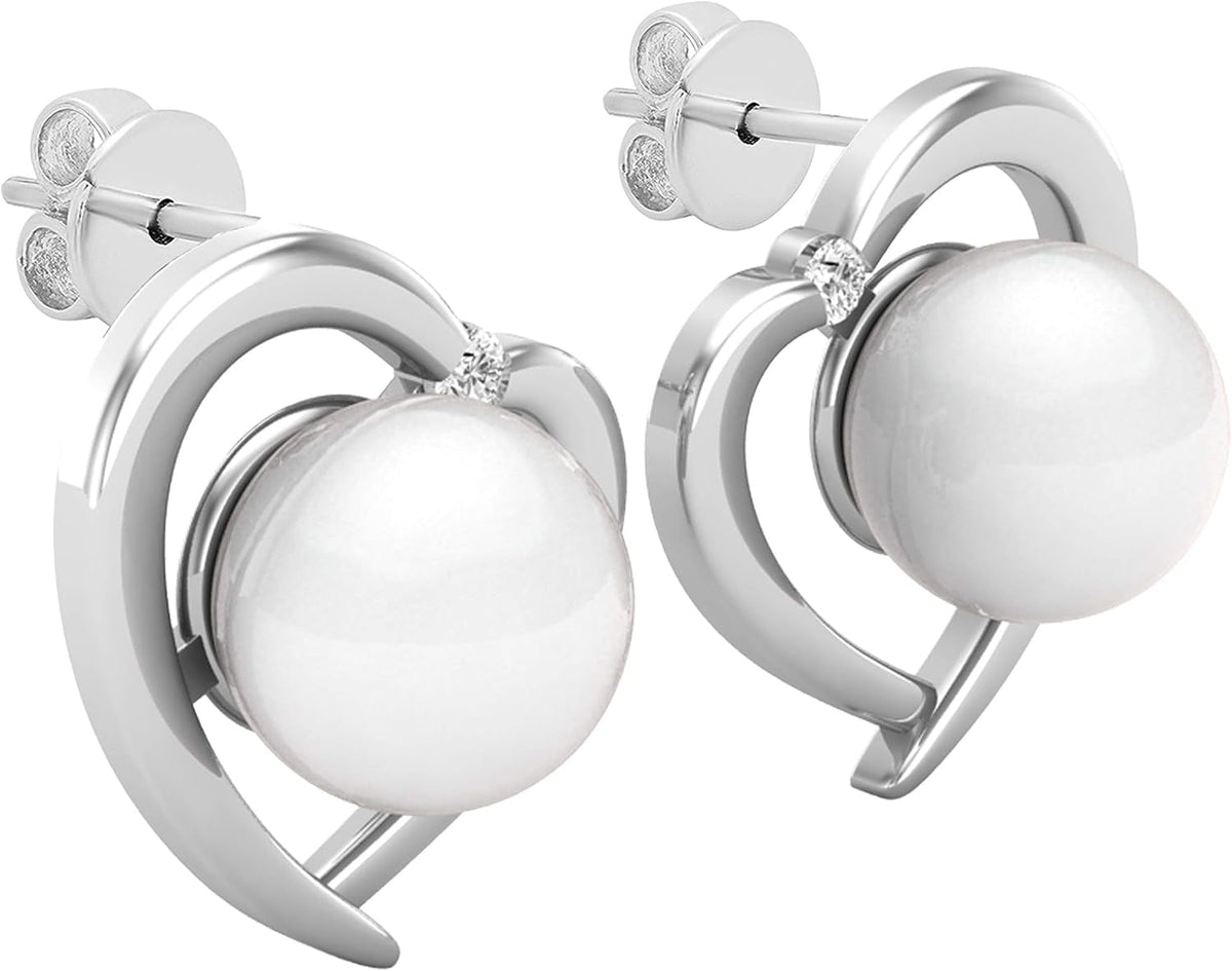 8Mm Each round White Freshwater Pearl & White Diamond Womens Heart Stud Earrings, Available in 10K/14K/18K Solid Gold & 925 Sterling Silver