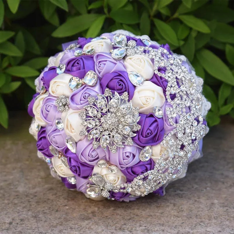 18CM Luxury Crystal Brooch Bride Bouquet Holding Flower Ribbon Lace Wedding Bouquet Artificial Simulation Rose Wedding Flower Bridesmaid Bouquet