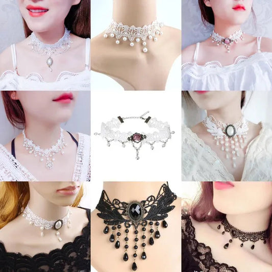 White Lace Necklace Chokers Black Collares Vintage Style Female Gothic Wedding Red Rose Crystal Diamond Pendant Collarbone Necklaces Chain Accessories for Women Girls