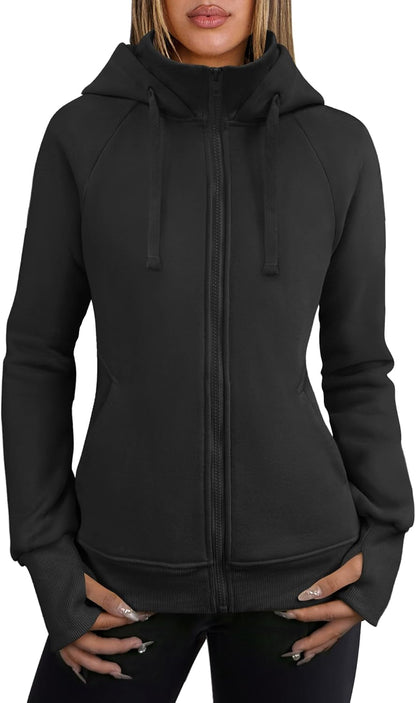 Womens Zip up Hoodies Fleece Jackets Long Sleeve Sweatshirts Pockets Casual Fall Fashion Preppy Outfits Y2K Clothes