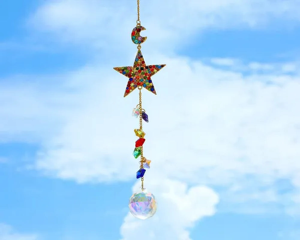 Crystal Rainbow Suncatcher with Rhinestones Hanging Glass Suncatcher for Window (MOON&STAR&SUN)