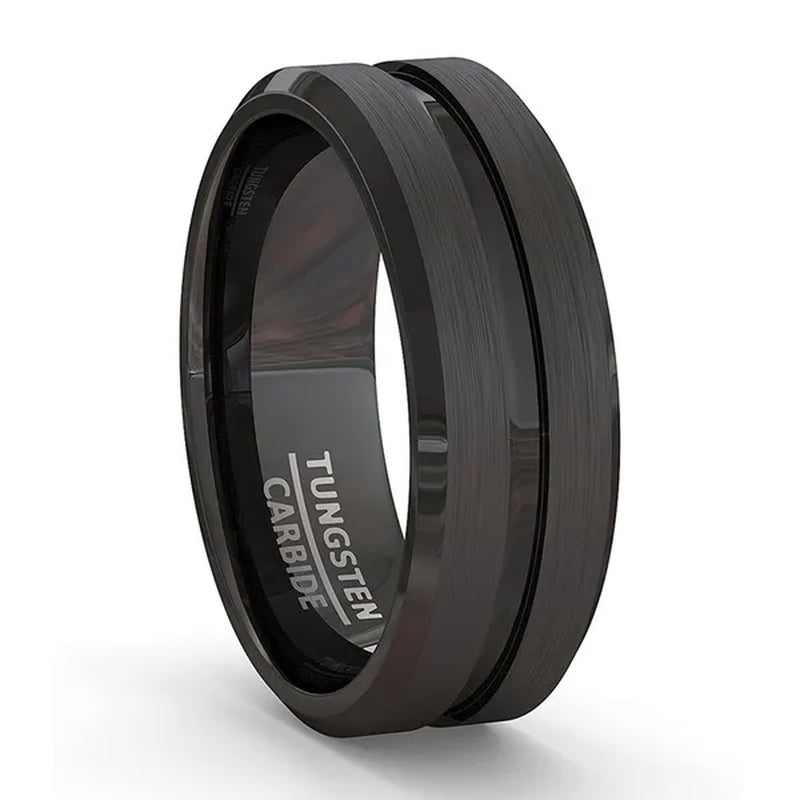 Fashion 8mm Black Tungsten Carbide Ring Gold Groove Matte Brushed Surface Beveled Edge Mens Wedding Band Comfort Fit