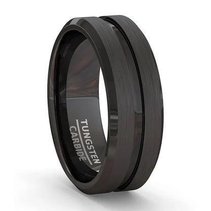 Fashion 8mm Black Tungsten Carbide Ring Gold Groove Matte Brushed Surface Beveled Edge Mens Wedding Band Comfort Fit