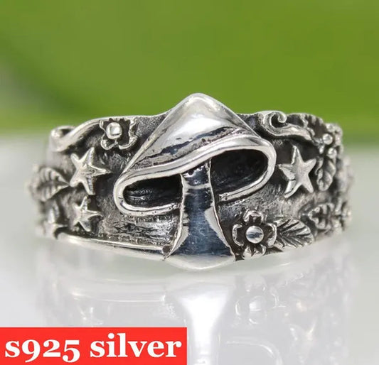 Exquisite Fashion Jewelry 925 Sterling Silver Mushroom and Star Ring Men and Women Wedding Band Engagement Promise Rings Anniversary Birthday Christmas Friendship Gift Couple Jewelry Rings Size 6-13