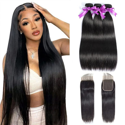 Straight Bundles with Closure Human Hair 10 12 14+10 Brazilian Human Hair Bundles with Closure Straight 100% Unprocessed Virgin Weave Hair Bundles with Closure 10A Bundles Human Hair with Lace Closure