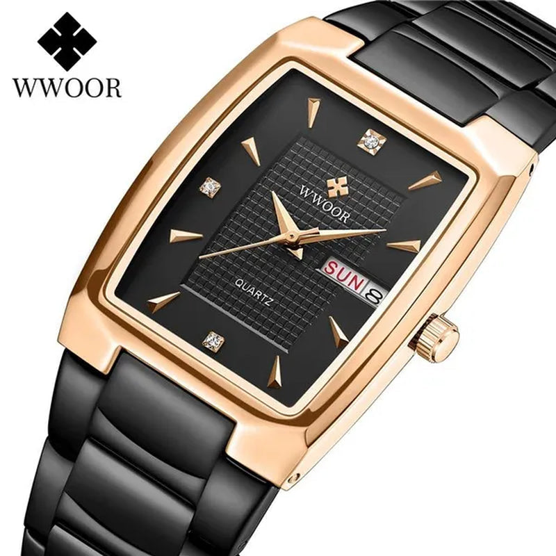 2021 Men's Watch WWOOR Top Brand Luxury Gold Blue Black Watch Men's Square Business Sports Quartz Waterproof Stainless Steel Watch Relogio Masculino