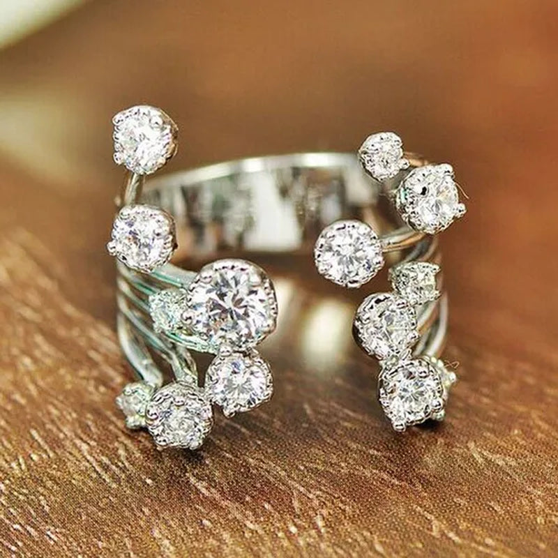 Gorgeous  Silver Crown Natural Gemstones White Sapphire Birthstone Bride Wedding Engagement Multilayer Rose Flower Ring Size 6 7 8 9 10