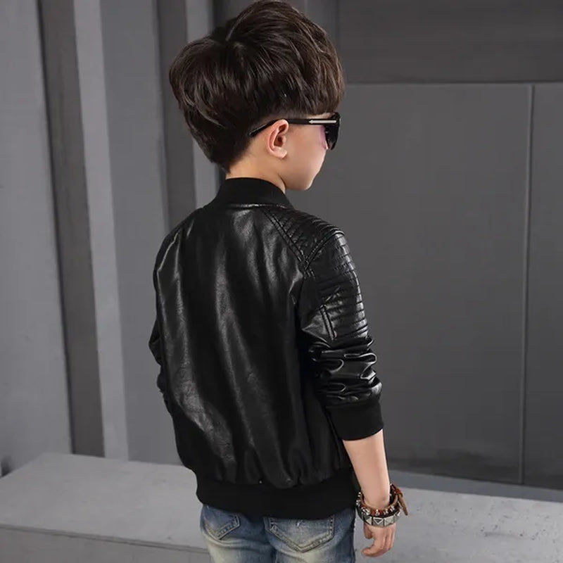 Outdoor Winter New Spring Children Boy Plus Cashmere Thick Leather Jackets Children Fashion Outerwear  (Brown Black)