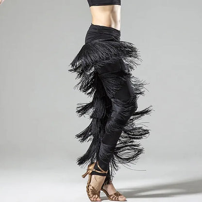 Womens Adult Dancewear Latin Rumba Cha Cha Samba Belly Dance Tassel Fringe Pants Trousers Black