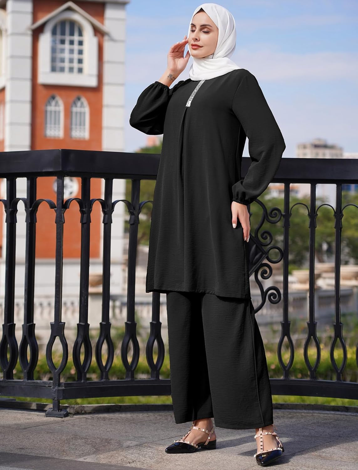 Prayer Clothes for Muslim Women 2 Piece plus Size Sequin Tops Wide Leg Pants Islamic Abayas for Women Dubai Outfits