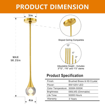 1-Light Pendant Lights Kitchen Island, 8W 3 Color Temperature Dimmable LED Pendant Light Fixtures, Gold Hanging Crystal Teardrop Pendant Lights for Bathroom, Bedroom