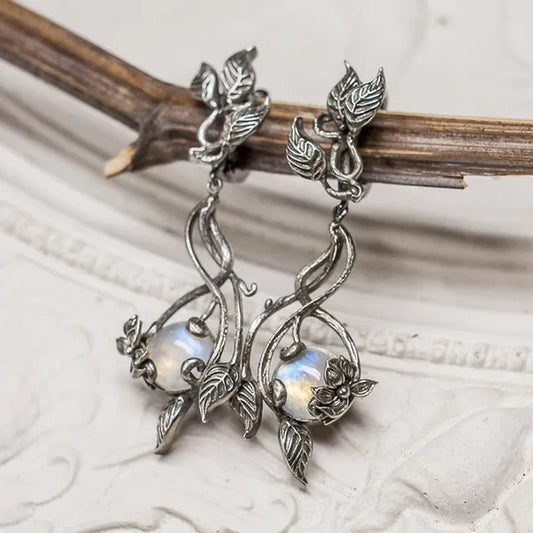 Delicate Floral Moonstone Earrings Elf Style Long Dangle Earrings Women Party Dresses Accessories Jewelry