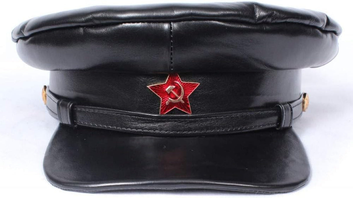 Authentic Kommisarka Soviet NKVD Officer Visor Hat WW2 Russian Vintage Leather Peaked Hat with Soviet Red Star Badge
