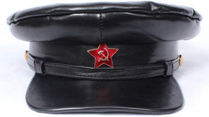 Authentic Kommisarka Soviet NKVD Officer Visor Hat WW2 Russian Vintage Leather Peaked Hat with Soviet Red Star Badge