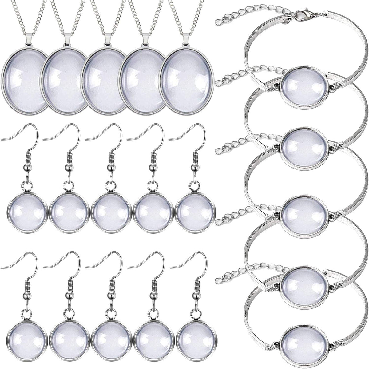 40Pcs Pendant Trays Set, Including 5Pcs Pendant Trays Necklace, 5Pcs Bracelet Bezel Settings, 10Pcs Glass Cabochons Earrings, 20Pcs Glass Dome Cabochon for DIY Jewelry Making
