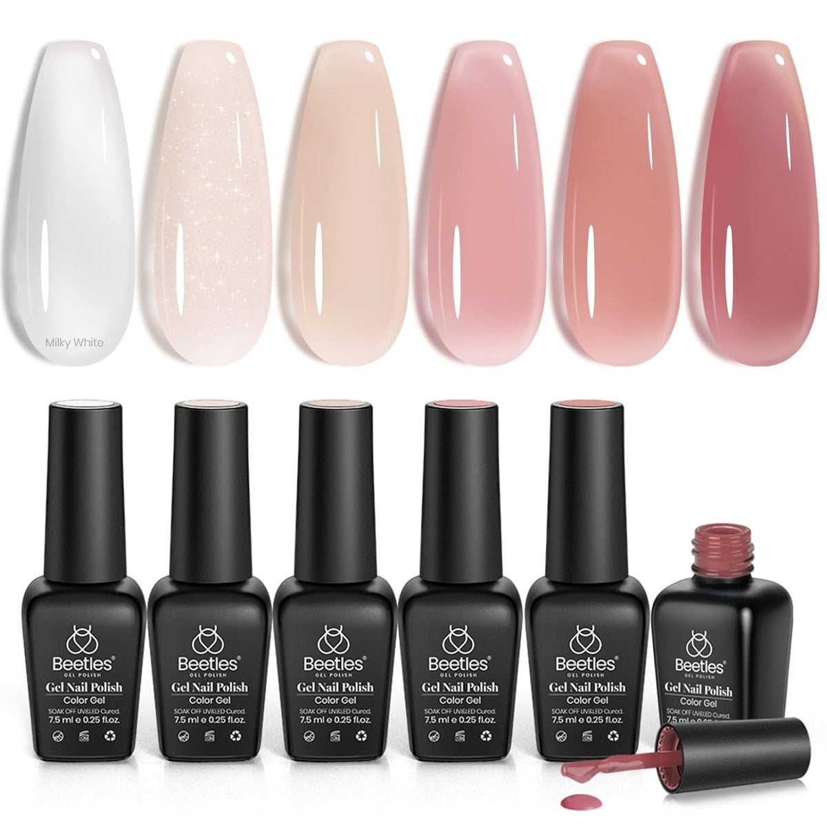 Beetles Gel Nail Polish Set, 6 Colors Jelly Gel Polish Nude Pink Gel Neutral Nail Art Design Translucent Gel Nail Kits Soak Off Uv Nail Lamp Cured Nail Manicure DIY Home for Women