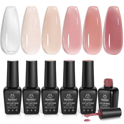 Beetles Gel Nail Polish Set, 6 Colors Jelly Gel Polish Nude Pink Gel Neutral Nail Art Design Translucent Gel Nail Kits Soak Off Uv Nail Lamp Cured Nail Manicure DIY Home for Women