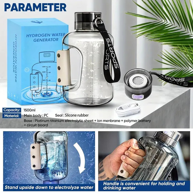 57oz MAX Hydrogen Water Bottle, Hydrogen Water Generator With SPE/PEM Technology, 2500PPD Pure Hydrogen Rich Concentration, 1.5L Large Capacity Leakproof Sports Drinking Bottle With Handle  Shoulder Strap, Portable Sports Water Bottle