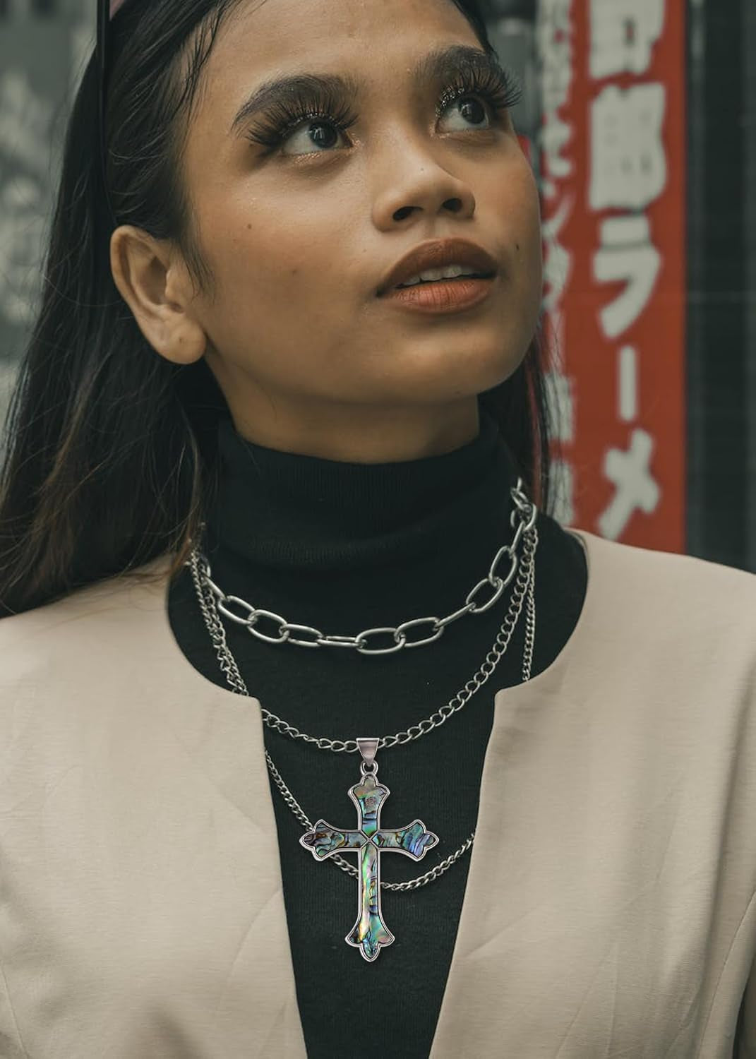 Vintage Inspired Silvery Tone Abalone Shell Religious Cross Pendant Necklace