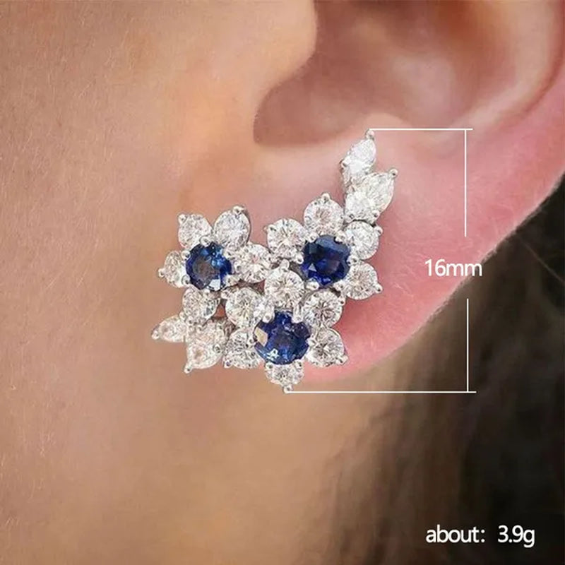 Trendy Flower Shape Blue Sapphire and Diamond Ear Climber Earring for Women Daily Casual Accessories Engagement Party Jewelry