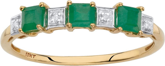 10K Yellow Gold Princess Cut Genuine Green Emerald and Diamond Accent Ring