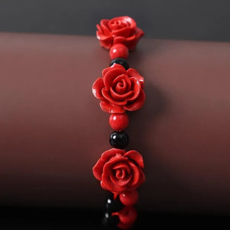 1/3pcs Fashion Women Rose Bracelet Ethnic Handicraft Lacquer Carved Cinnabar Rose Flower Bracelet For Women Red Rope Beaded Bracelet