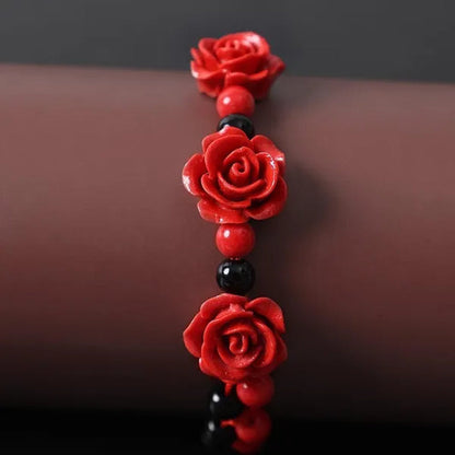 1/3pcs Fashion Women Rose Bracelet Ethnic Handicraft Lacquer Carved Cinnabar Rose Flower Bracelet For Women Red Rope Beaded Bracelet