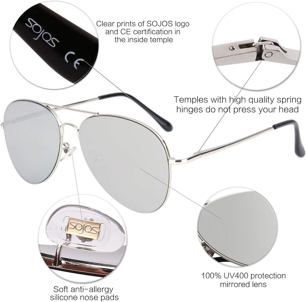 Classic Aviator Sunglasses for Women Men Metal Spring Hinges SJ1030
