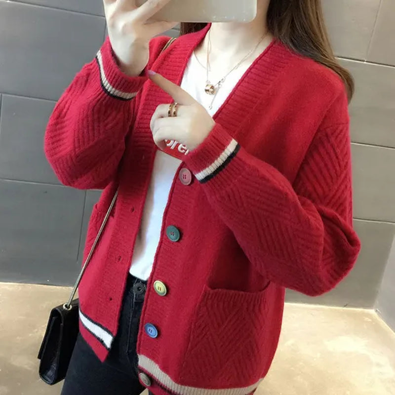 New Fashion Pull Femme Autumn and Winter Wool Pure Cashmere Sweater Cardigan Pullovers Long Sleeve Women Striped Stitching Color Knitted Cardigans Pullover Damen Jumper Outwear Coat