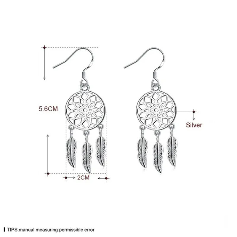 NEW 925 Sterling Silver Dreamcatcher Tassel Feather Round Bead Charm Bracelet & Bangle Earrings for Women Elegant Jewelry Set Gifts