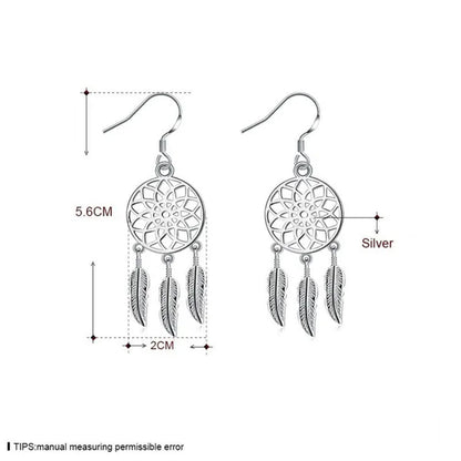 NEW 925 Sterling Silver Dreamcatcher Tassel Feather Round Bead Charm Bracelet & Bangle Earrings for Women Elegant Jewelry Set Gifts